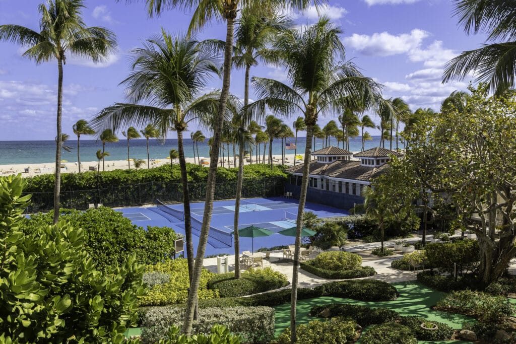 A tennis court surrounded by palm trees and lush greenery, overlooking a beach and ocean.