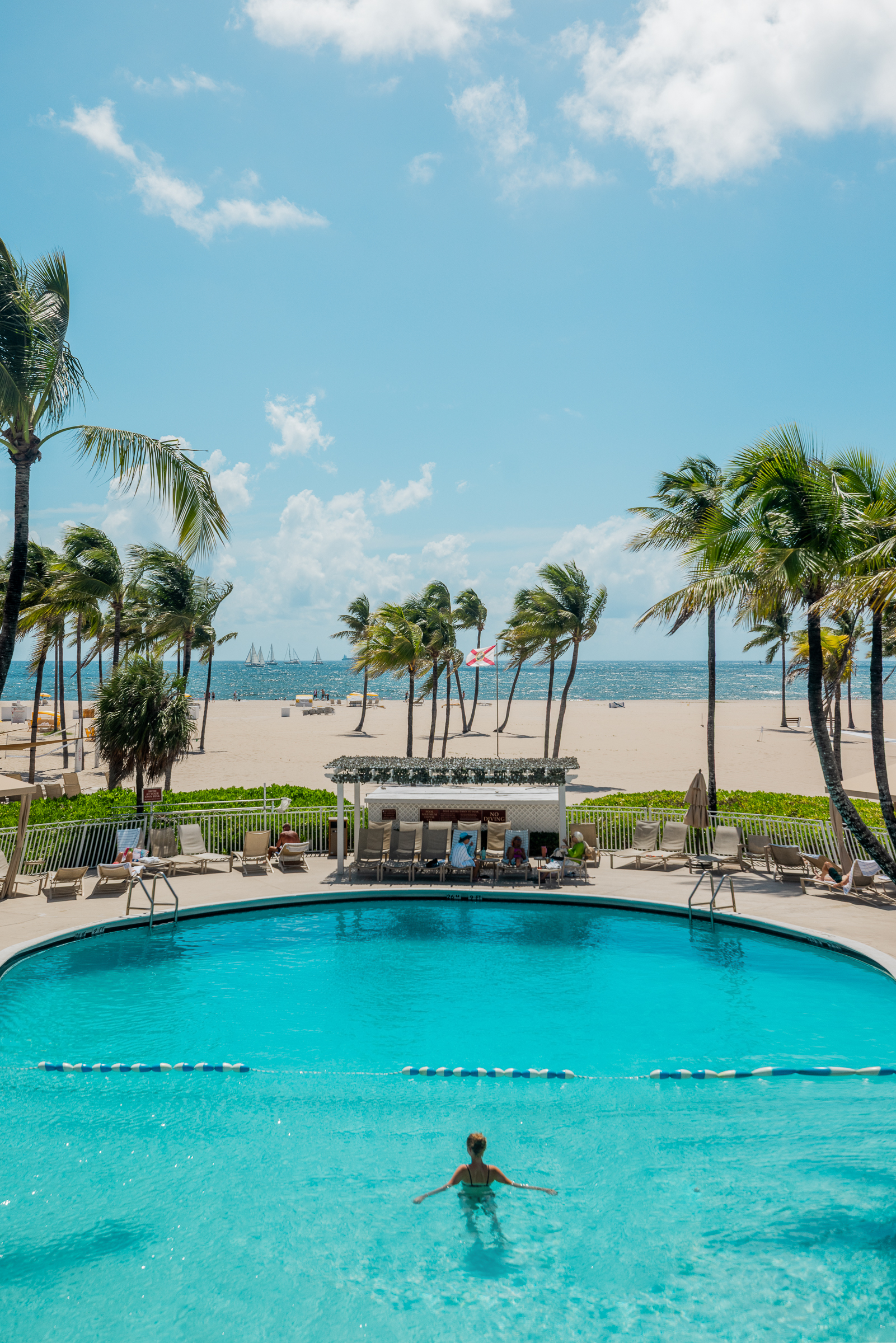 A large pool with a person in it, surrounded by palm trees and a beach with ocean view.