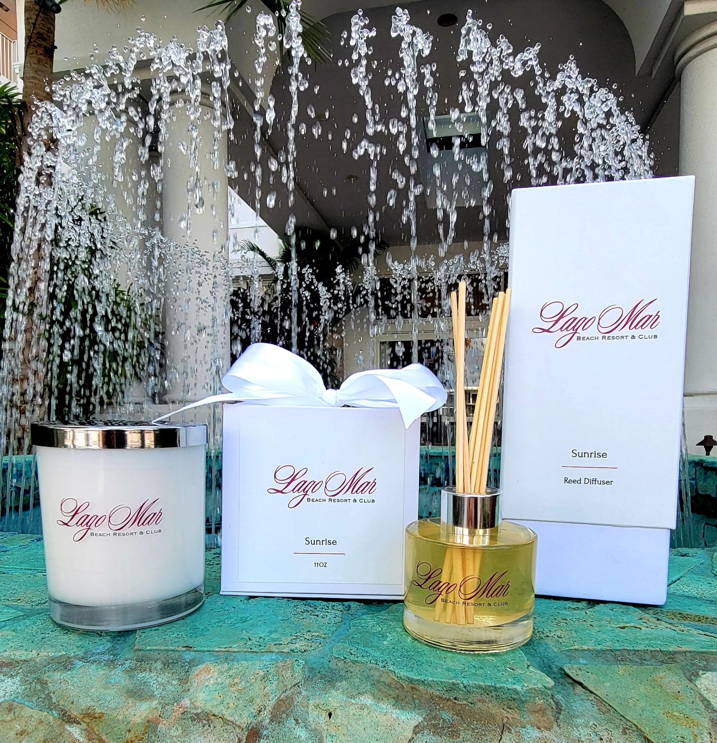 lago mar signature scent diffuser and candle on fountain