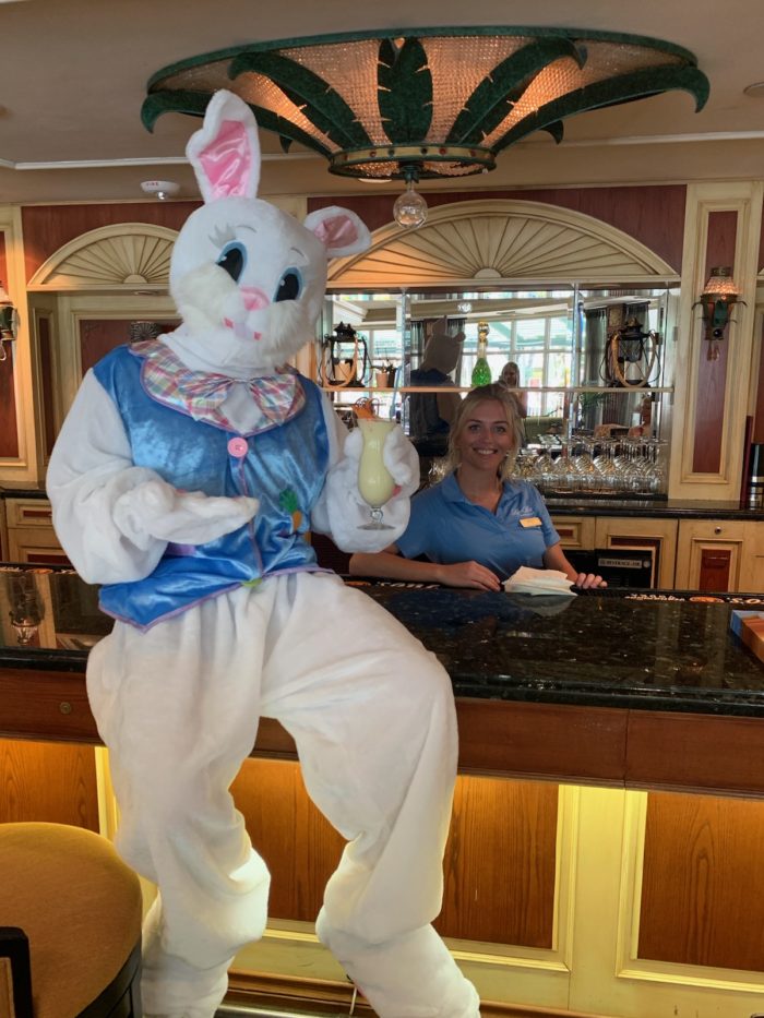 lago mar easter 2022 easter bunny with cocktail at lounge bar